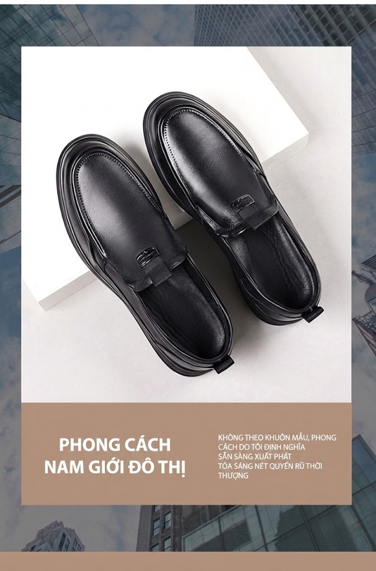 Giày Lười Nam Da Bò Chiều Cao Đế Khoảng 3cm Màu Đen chi tiết 1