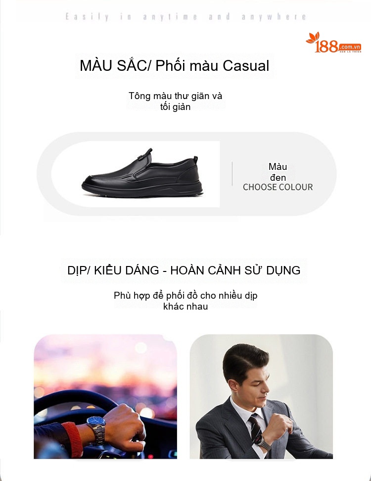 Giày Lười Nam Da Bò Chiều Cao Đế Khoảng 3cm Màu Đen chi tiết 3