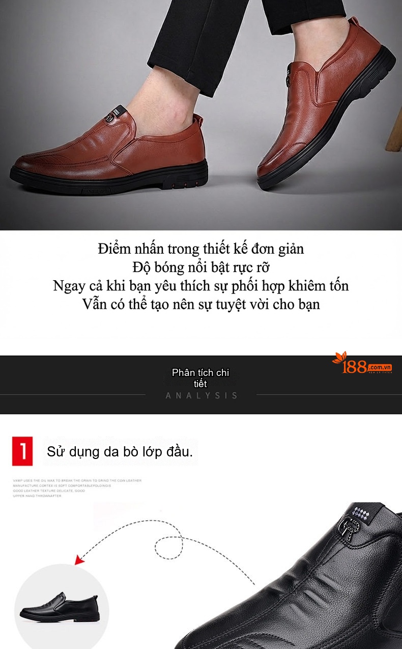 Giày Lười Nam Da Bò Chiều Cao Đế Khoảng 3cm Màu Đen, Nâu chi tiết 4