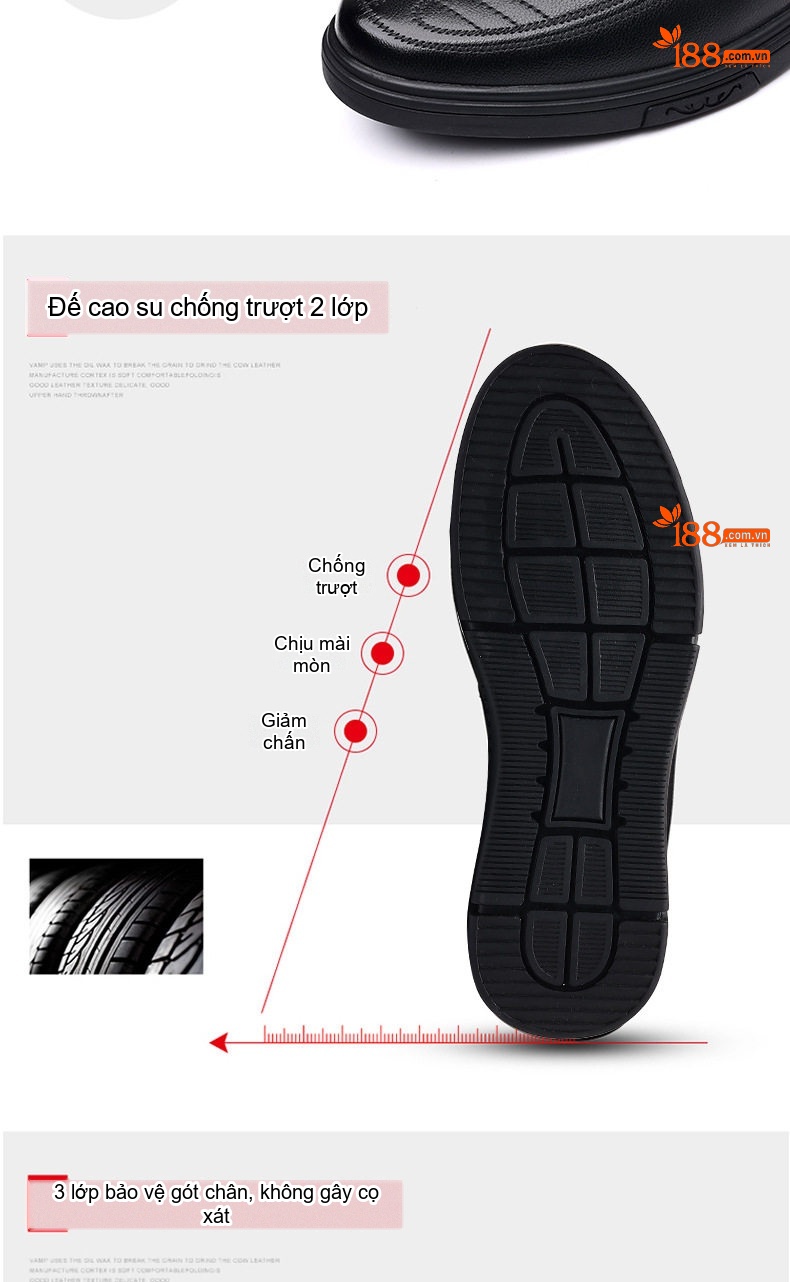 Giày Lười Nam Da Bò Chiều Cao Đế Khoảng 3cm Màu Đen, Nâu chi tiết 5