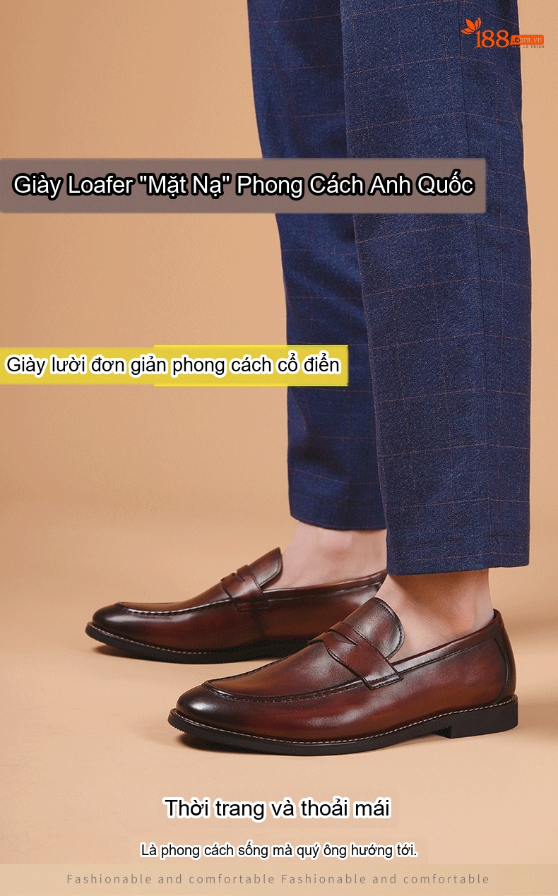 Giày Lười Nam Da Bò Công Sở Thoải Mái Chiều Cao Đế Khoảng 3cm Màu Nâu Đỏ chi tiết 1