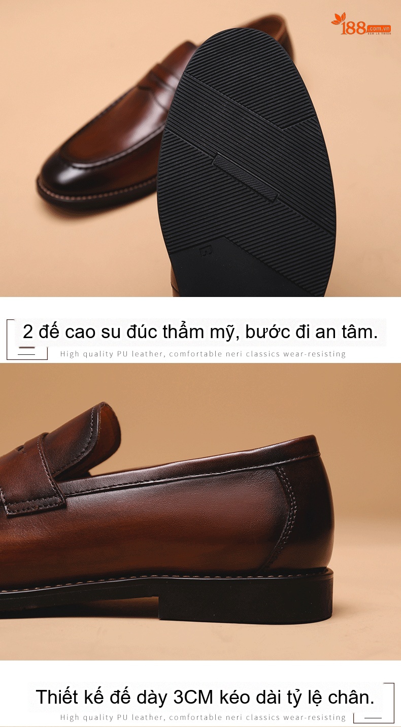 Giày Lười Nam Da Bò Công Sở Thoải Mái Chiều Cao Đế Khoảng 3cm Màu Nâu Đỏ chi tiết 4