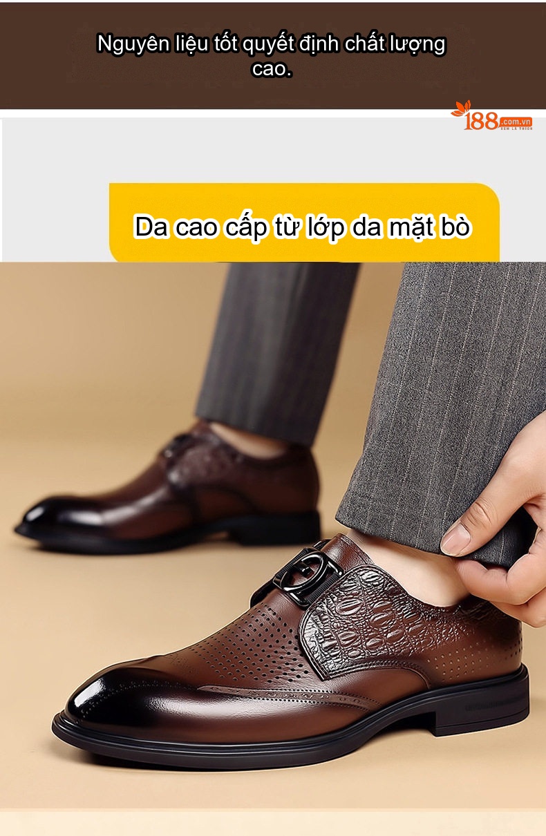 Giày Lười Nam Da Bò Dập Lỗ Thoáng Khí Chiều Cao Đế Khoảng 2cm Màu Nâu, Đen chi tiết 7