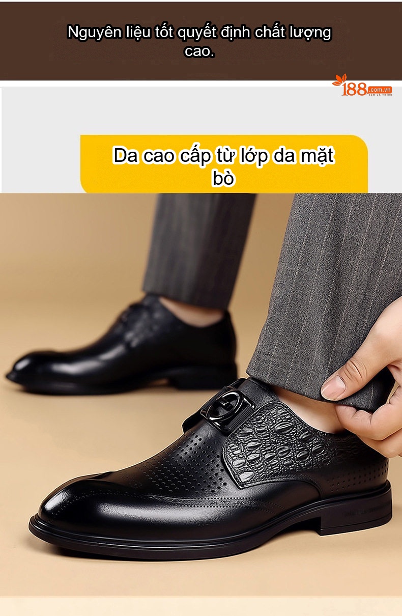 Giày Lười Nam Da Bò Dập Lỗ Thoáng Khí Chiều Cao Đế Khoảng 2cm Màu Nâu, Đen chi tiết 8