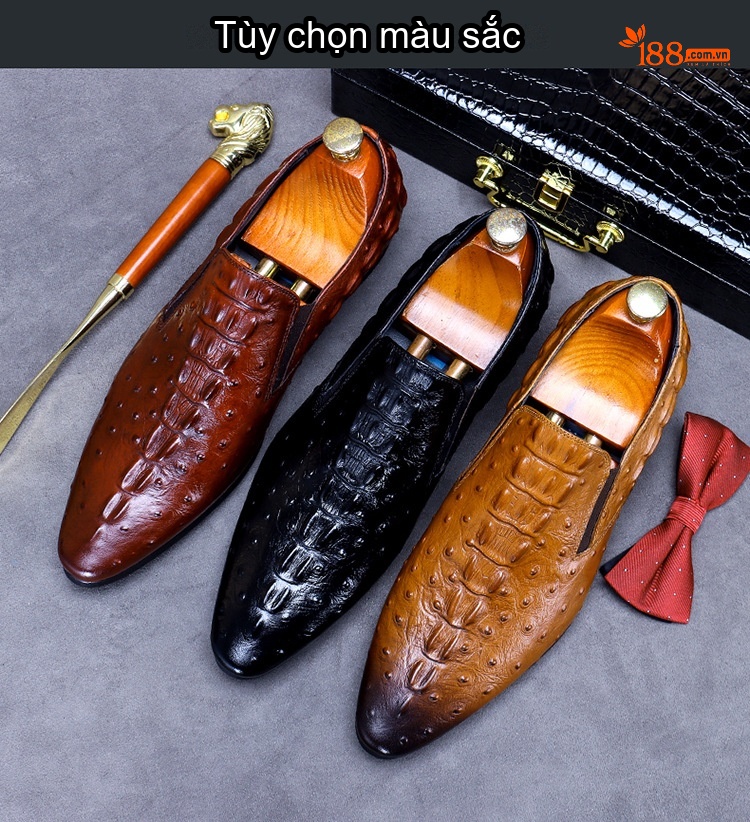 Giày Lười Nam Da Bò Dập Vân Cá Sấu Chiều Cao Đế Khoảng 3cm Màu Đen, Nâu, Vàng chi tiết 2