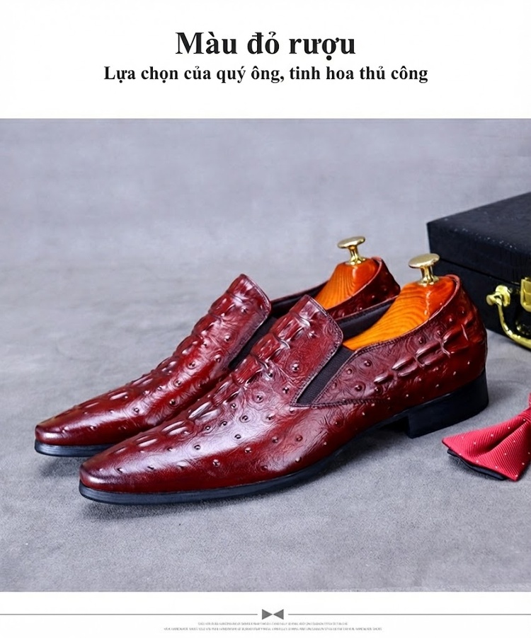 Giày Lười Nam Da Bò Dập Vân Cá Sấu Chiều Cao Đế Khoảng 3cm Màu Đen, Nâu, Vàng chi tiết 4
