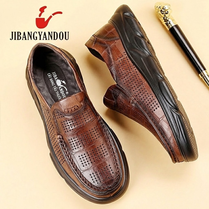 Giày Lười Nam Da Bò Dập Vân Chiều Cao Đế 4cm Thoáng Khí Màu Nâu, Đen