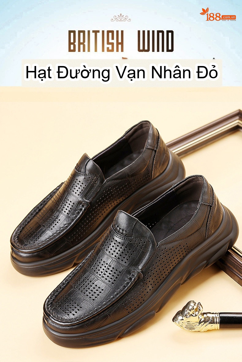 Giày Lười Nam Da Bò Dập Vân Chiều Cao Đế 4cm Thoáng Khí Màu Nâu, Đen chi tiết 5