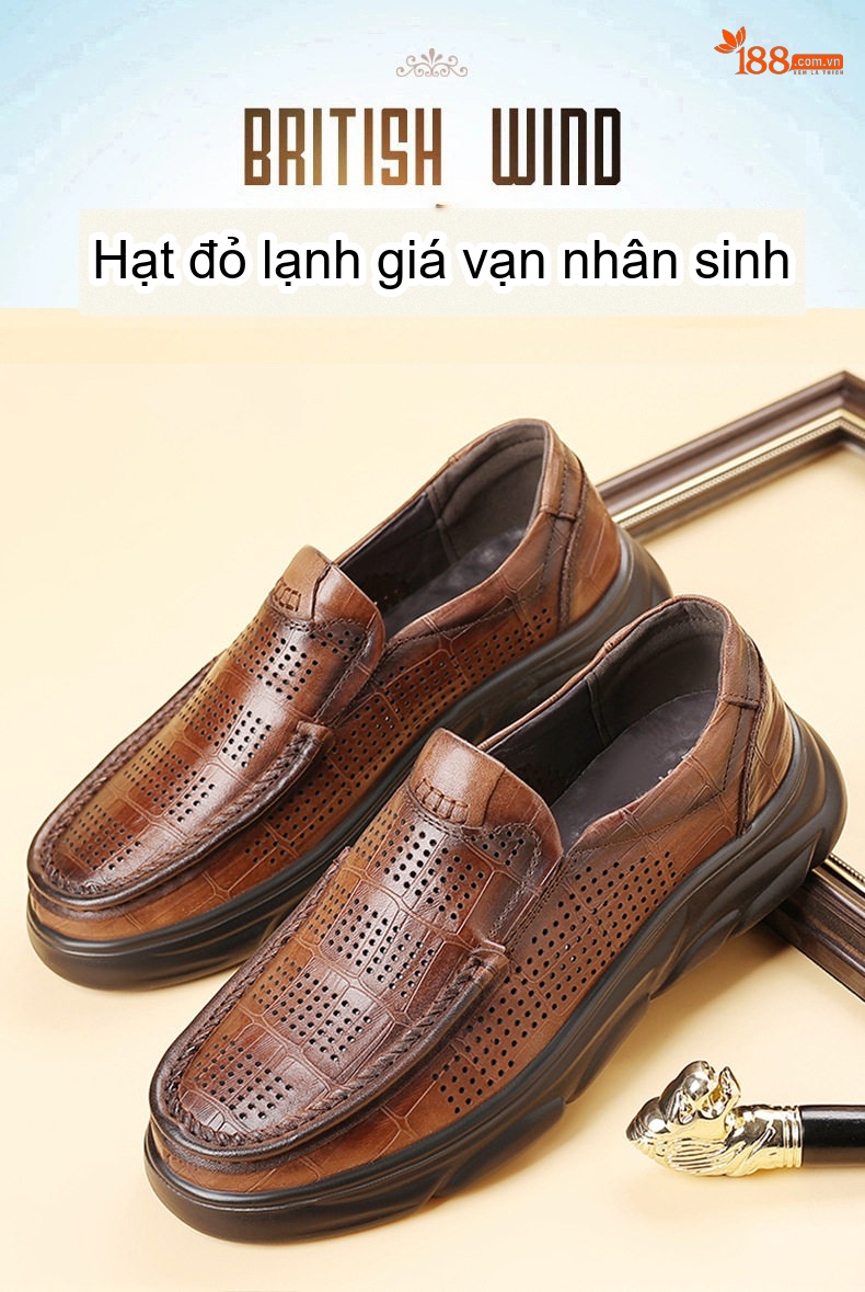 Giày Lười Nam Da Bò Dập Vân Chiều Cao Đế 4cm Thoáng Khí Màu Nâu, Đen chi tiết 6