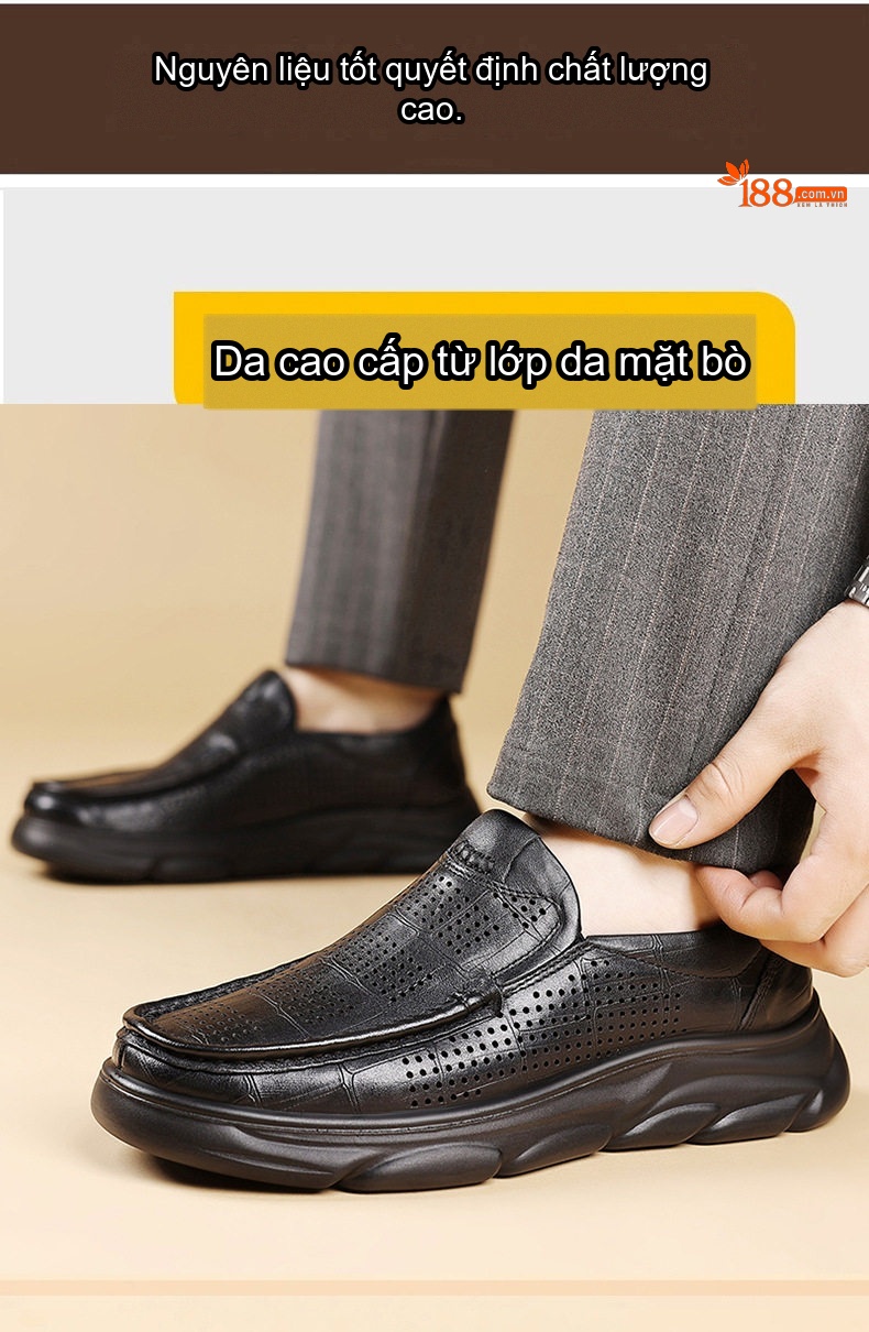 Giày Lười Nam Da Bò Dập Vân Chiều Cao Đế 4cm Thoáng Khí Màu Nâu, Đen chi tiết 8