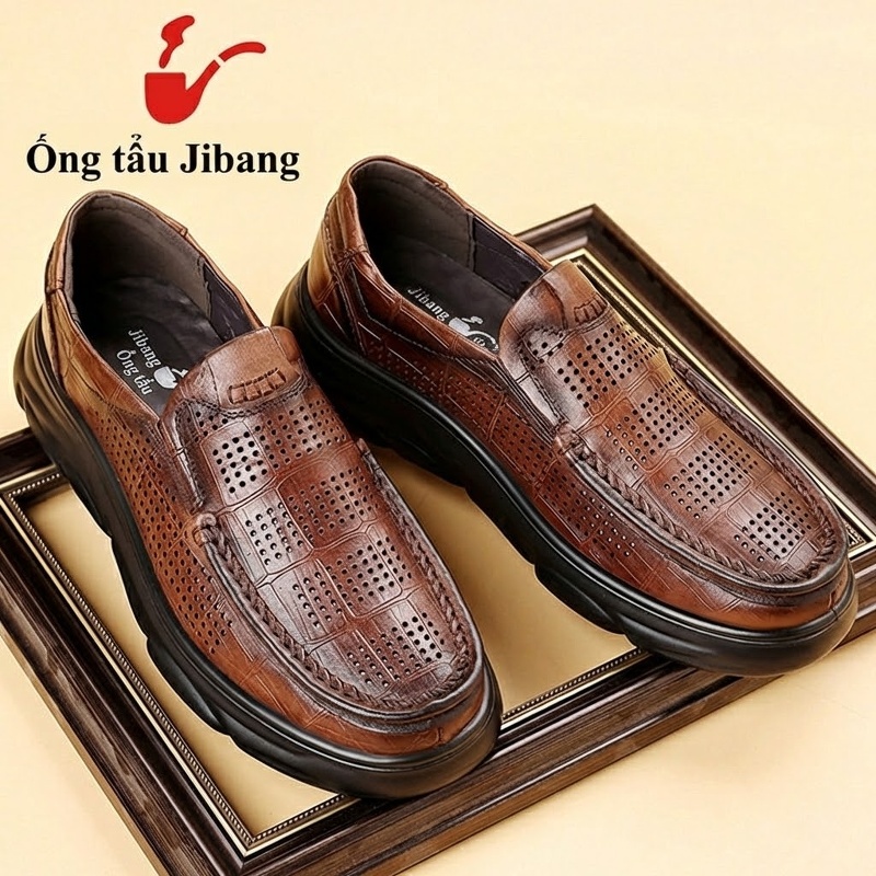 Giày Lười Nam Da Bò Dập Vân Chiều Cao Đế 4cm Thoáng Khí Màu Nâu, Đen chi tiết 12