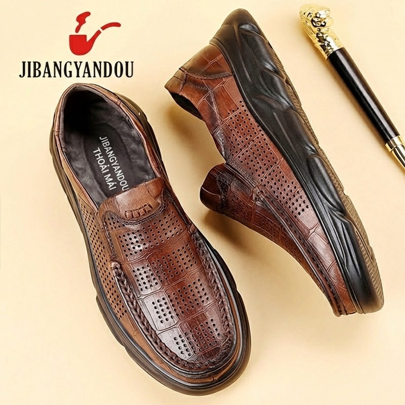 Giày Lười Nam Da Bò Dập Vân Chiều Cao Đế 4cm Thoáng Khí Màu Nâu, Đen chi tiết 14