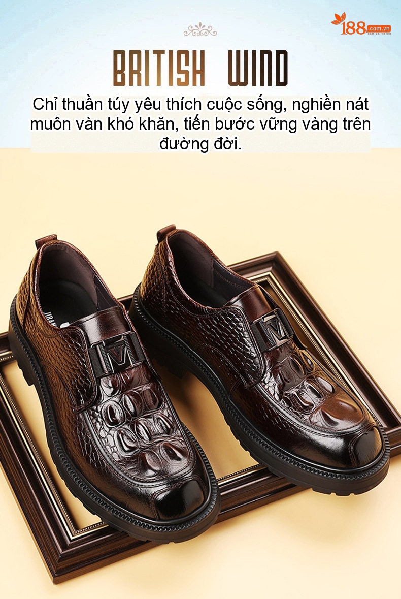 Giày Lười Nam Da Bò Dập Vân Chiều Cao Đế Khoảng 3cm Màu Đen, Nâu chi tiết 5