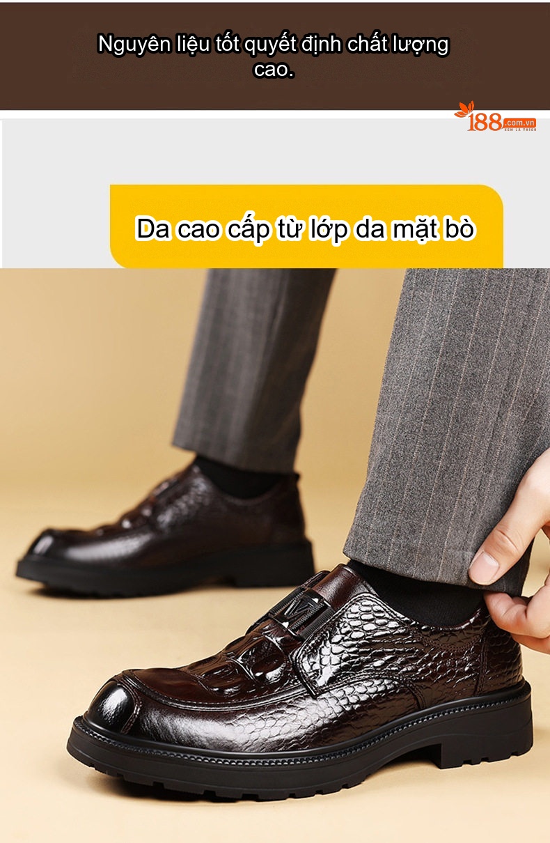 Giày Lười Nam Da Bò Dập Vân Chiều Cao Đế Khoảng 3cm Màu Đen, Nâu chi tiết 7