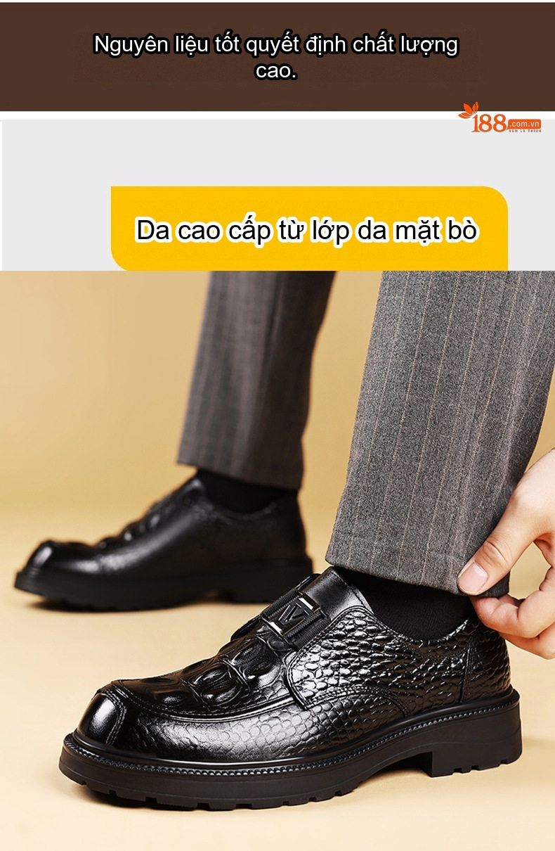 Giày Lười Nam Da Bò Dập Vân Chiều Cao Đế Khoảng 3cm Màu Đen, Nâu chi tiết 8