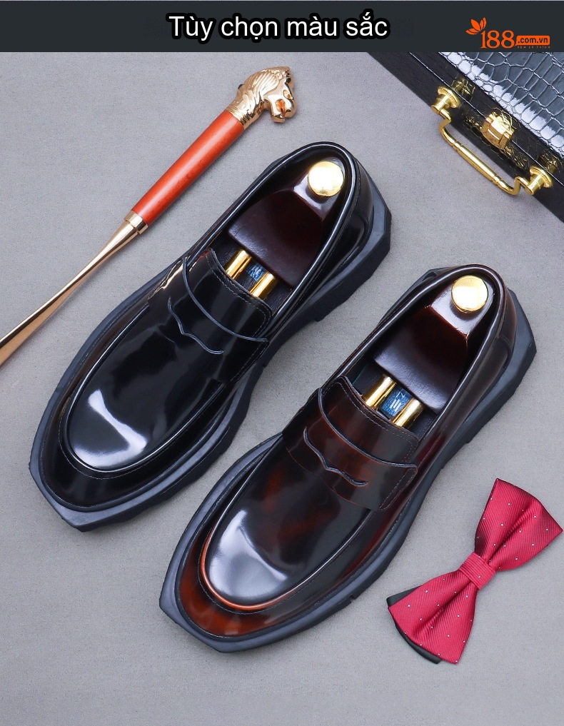 Giày Lười Nam Da Bò Đế Bánh Mì Chiều Cao Đế Khoảng 4cm Màu Đen, Nâu chi tiết 2