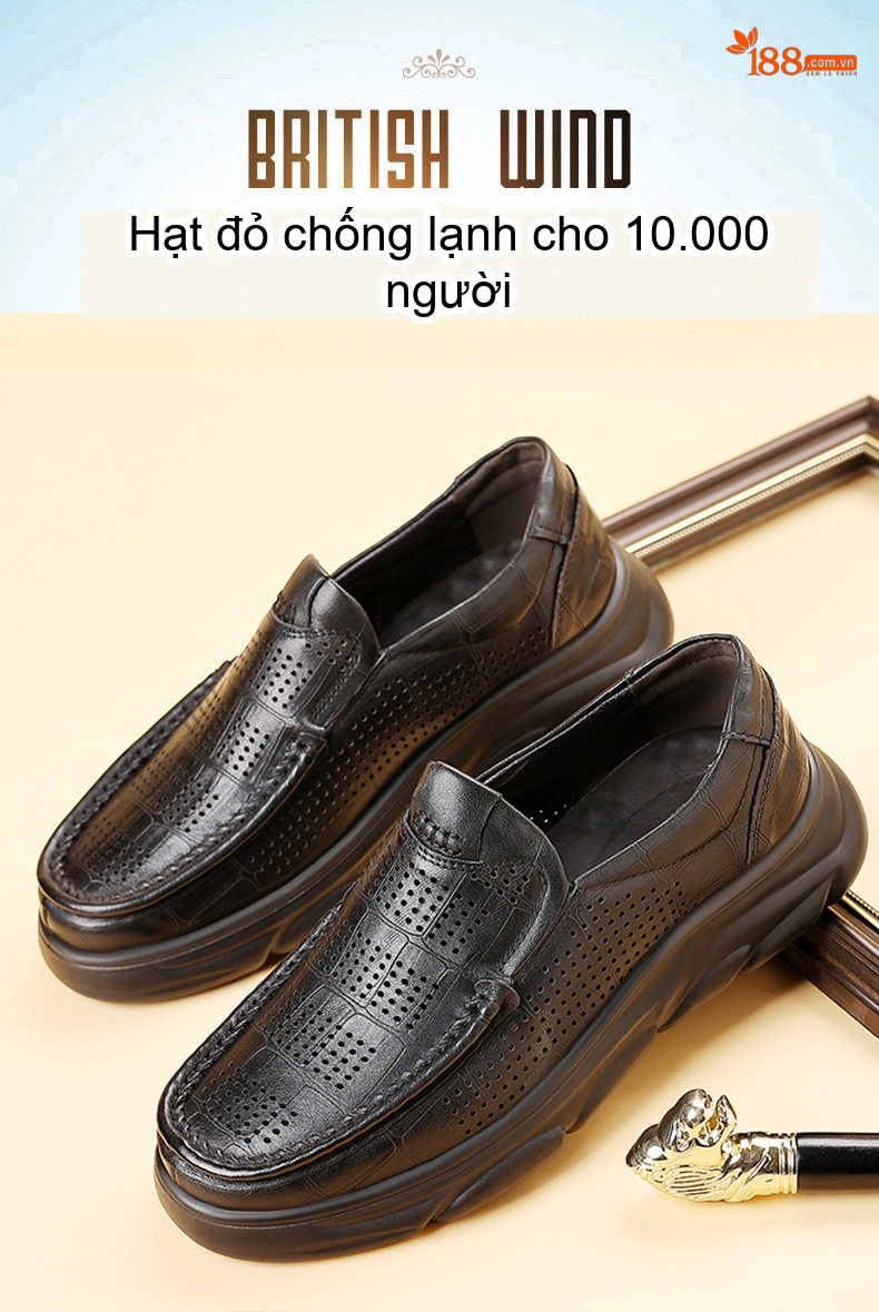 Giày Lười Nam Da Bò Đục Lỗ Thoáng Khí Chiều Cao Đế Khoảng 4cm Màu Nâu, Đen chi tiết 2