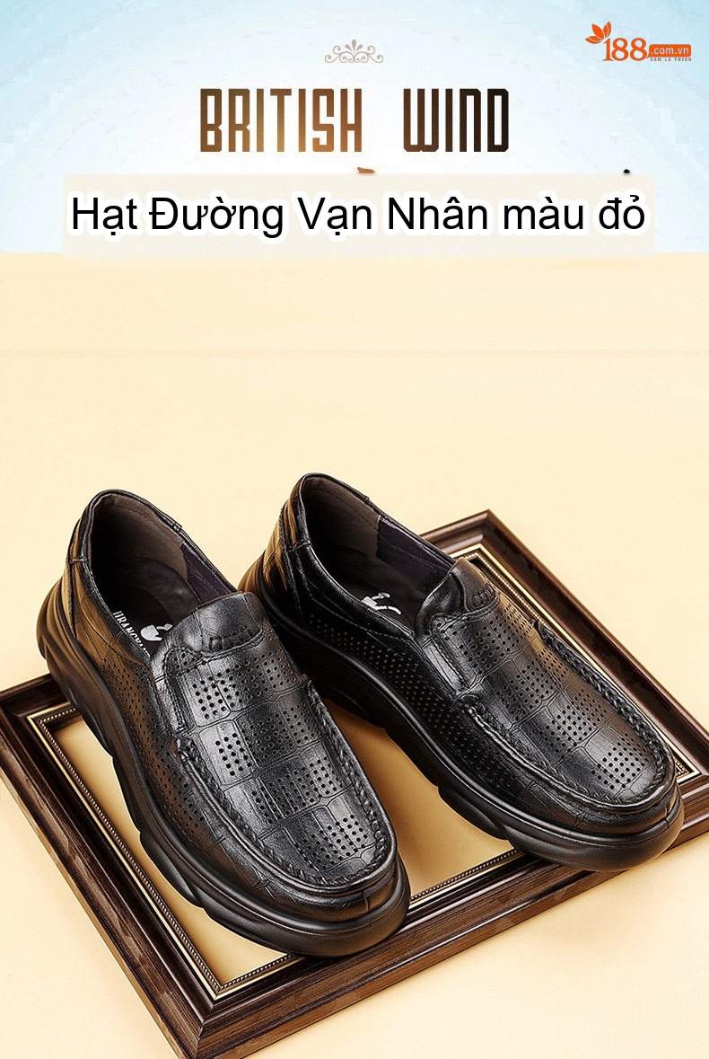 Giày Lười Nam Da Bò Đục Lỗ Thoáng Khí Chiều Cao Đế Khoảng 4cm Màu Nâu, Đen chi tiết 3