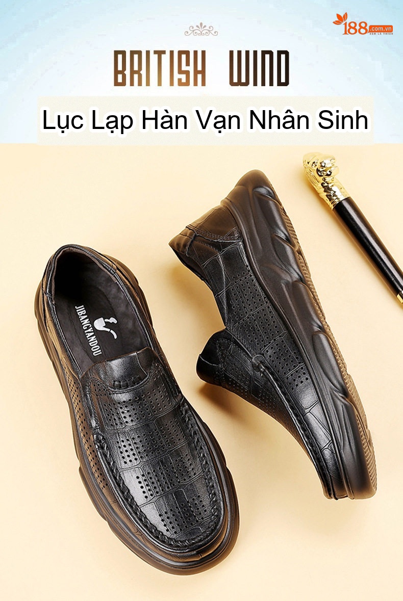 Giày Lười Nam Da Bò Đục Lỗ Thoáng Khí Chiều Cao Đế Khoảng 4cm Màu Nâu, Đen chi tiết 5