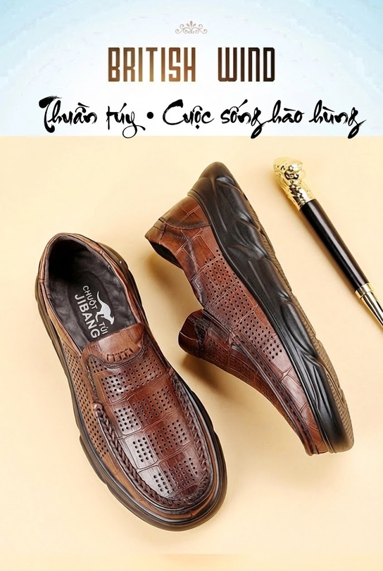 Giày Lười Nam Da Bò Đục Lỗ Thoáng Khí Chiều Cao Đế Khoảng 4cm Màu Nâu, Đen chi tiết 6