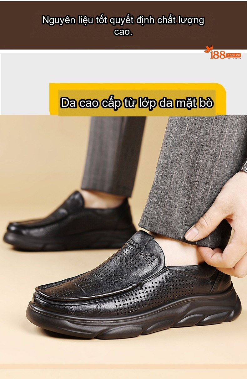Giày Lười Nam Da Bò Đục Lỗ Thoáng Khí Chiều Cao Đế Khoảng 4cm Màu Nâu, Đen chi tiết 7