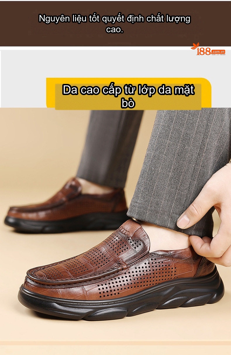 Giày Lười Nam Da Bò Đục Lỗ Thoáng Khí Chiều Cao Đế Khoảng 4cm Màu Nâu, Đen chi tiết 8