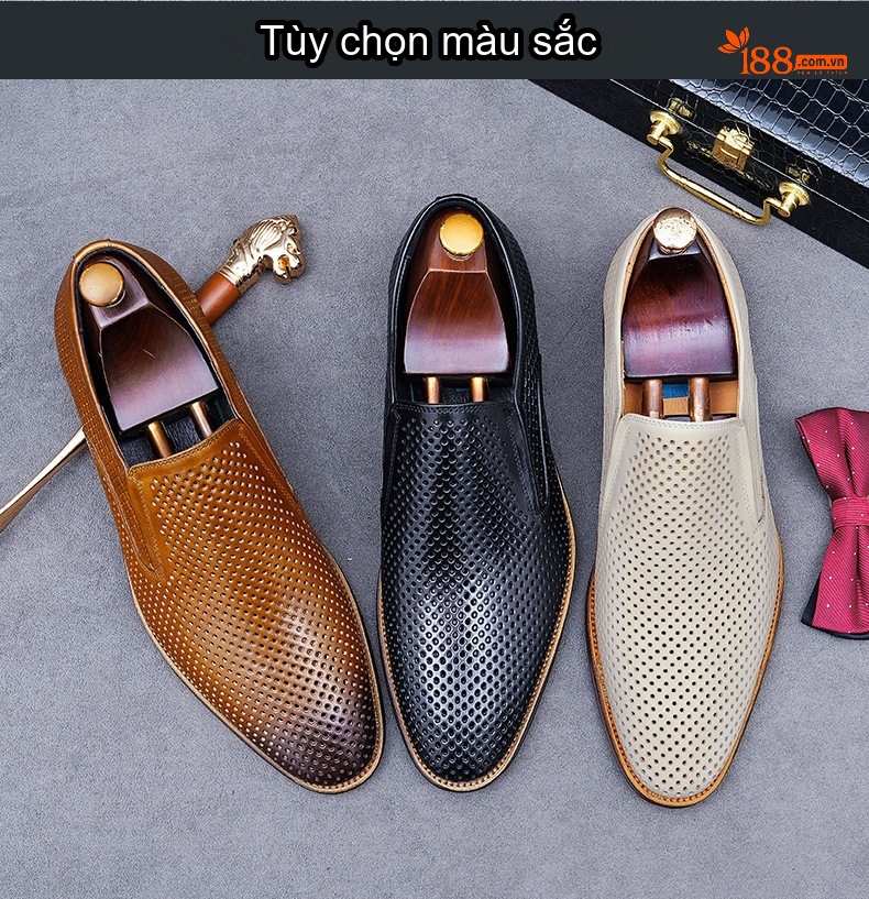 Giày Lười Nam Da Bò Lỗ Thoáng Khí Chiều Cao Đế Khoảng 3cm Màu Nâu, Đen, Trắng chi tiết 2