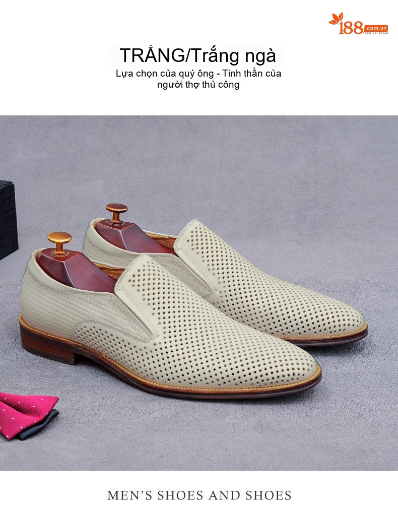 Giày Lười Nam Da Bò Lỗ Thoáng Khí Chiều Cao Đế Khoảng 3cm Màu Nâu, Đen, Trắng chi tiết 3