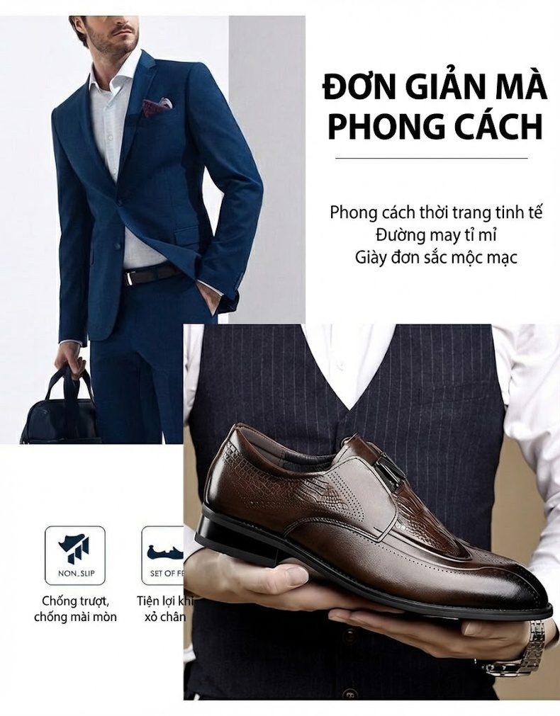 Giày Lười Nam Da Bò Mềm Mại Chiều Cao Đế Khoảng 3cm Màu Đen, Nâu chi tiết 3