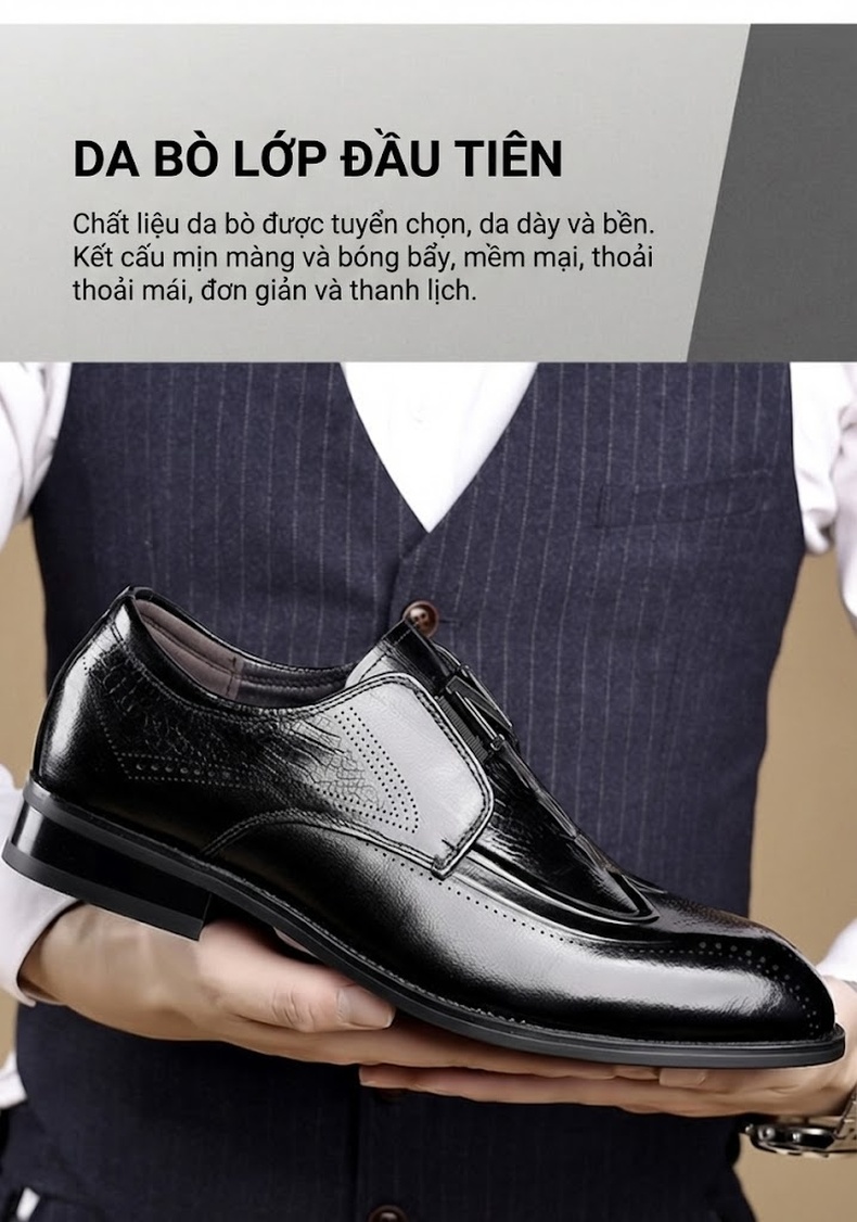 Giày Lười Nam Da Bò Mềm Mại Chiều Cao Đế Khoảng 3cm Màu Đen, Nâu chi tiết 4