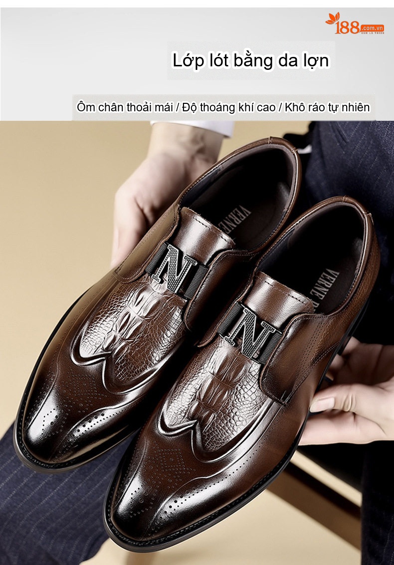 Giày Lười Nam Da Bò Mềm Mại Chiều Cao Đế Khoảng 3cm Màu Đen, Nâu chi tiết 5