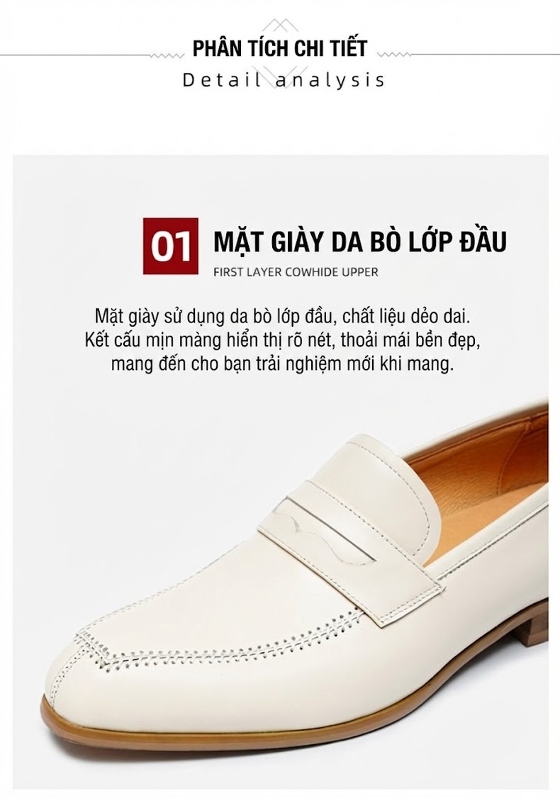 Giày Lười Nam Da Bò Mềm Mại Thoáng Khí Chiều Cao Đế Khoảng 3cm Màu Trắng Kem chi tiết 3