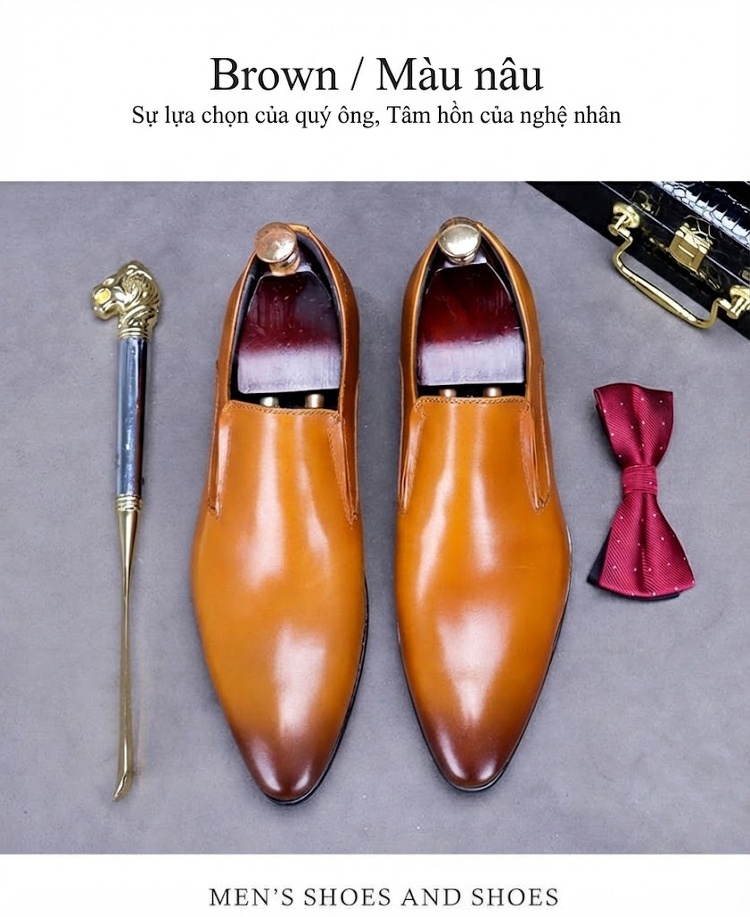 Giày Lười Nam Da Bò Mũi Nhọn Chiều Cao Đế Khoảng 3cm Màu Đỏ Rượu, Nâu, Đen chi tiết 4