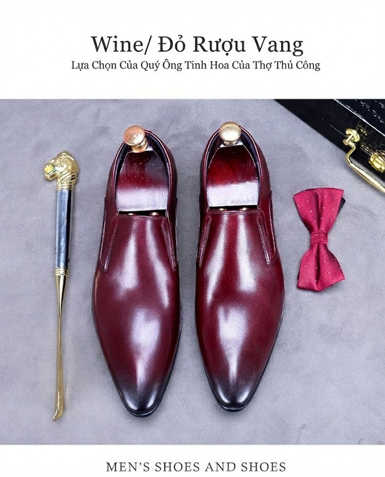 Giày Lười Nam Da Bò Mũi Nhọn Chiều Cao Đế Khoảng 3cm Màu Đỏ Rượu, Nâu, Đen chi tiết 11