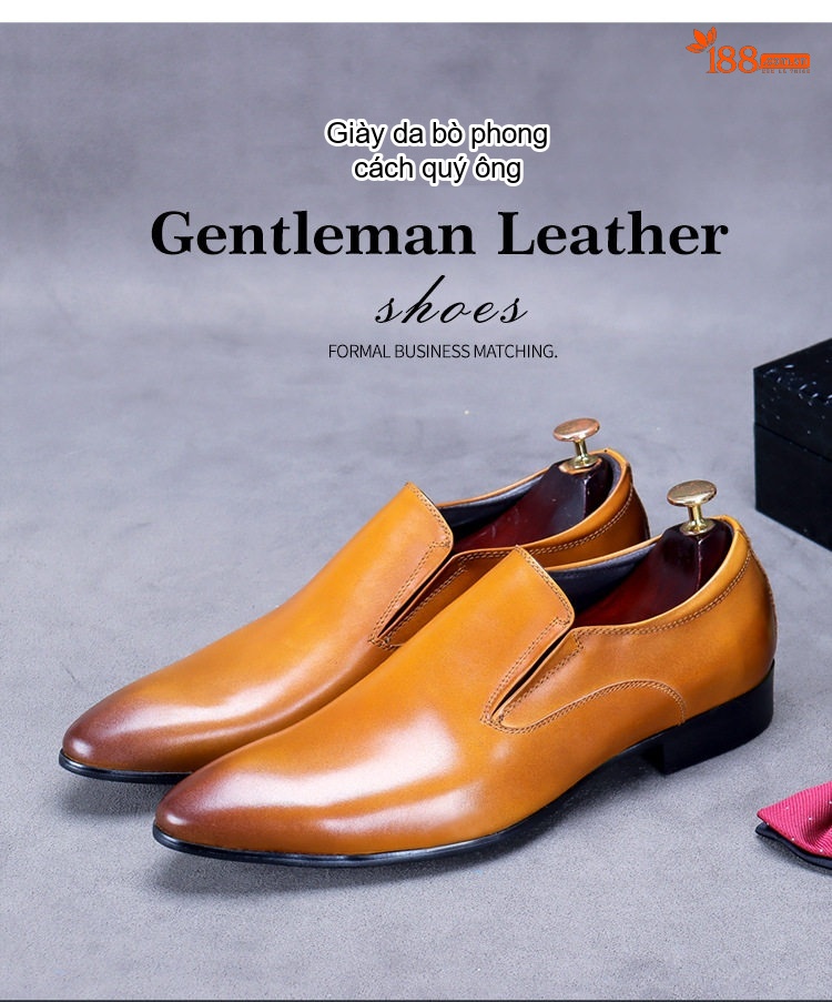 Giày Lười Nam Da Bò Mũi Nhọn Chiều Cao Đế Khoảng 3cm Màu Đỏ Rượu, Nâu, Đen chi tiết 1