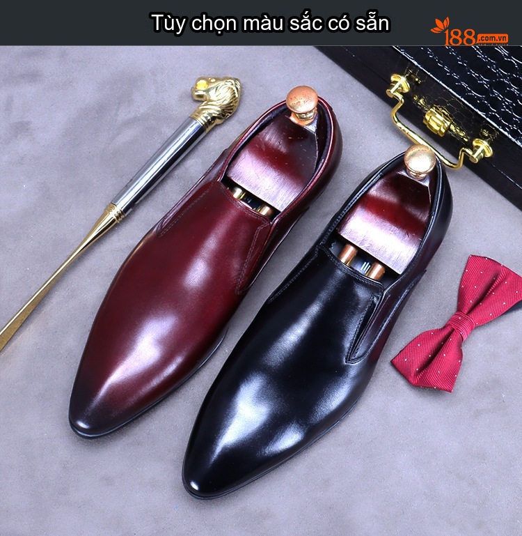 Giày Lười Nam Da Bò Mũi Nhọn Chiều Cao Đế Khoảng 3cm Màu Đỏ Rượu, Nâu, Đen chi tiết 2