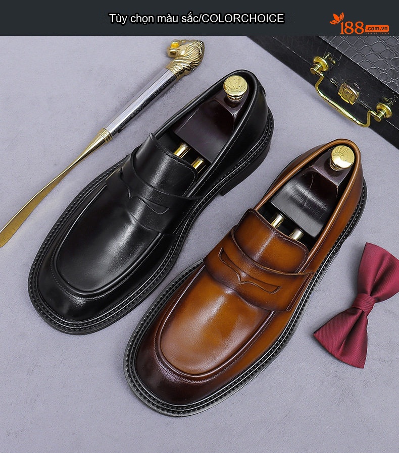 Giày Lười Nam Da Bò Phong Cách Anh Quốc Chiều Cao Đế Khoảng 3cm Màu Nâu, Đen chi tiết 2