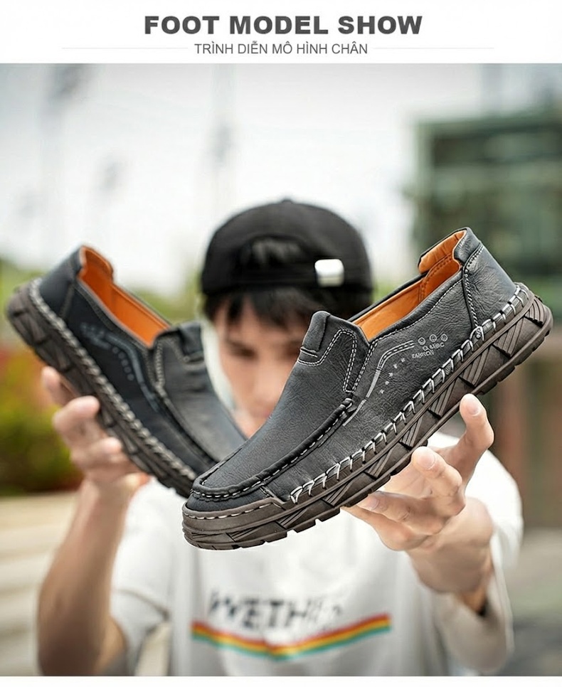 Giày Lười Nam Da Bò Retro Thủ Công Chiều Cao Đế Khoảng 3cm Màu Nâu, Đen chi tiết 17