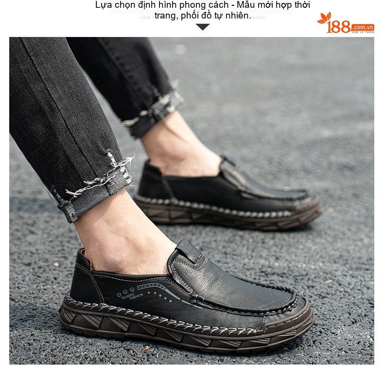 Giày Lười Nam Da Bò Retro Thủ Công Chiều Cao Đế Khoảng 3cm Màu Nâu, Đen chi tiết 19