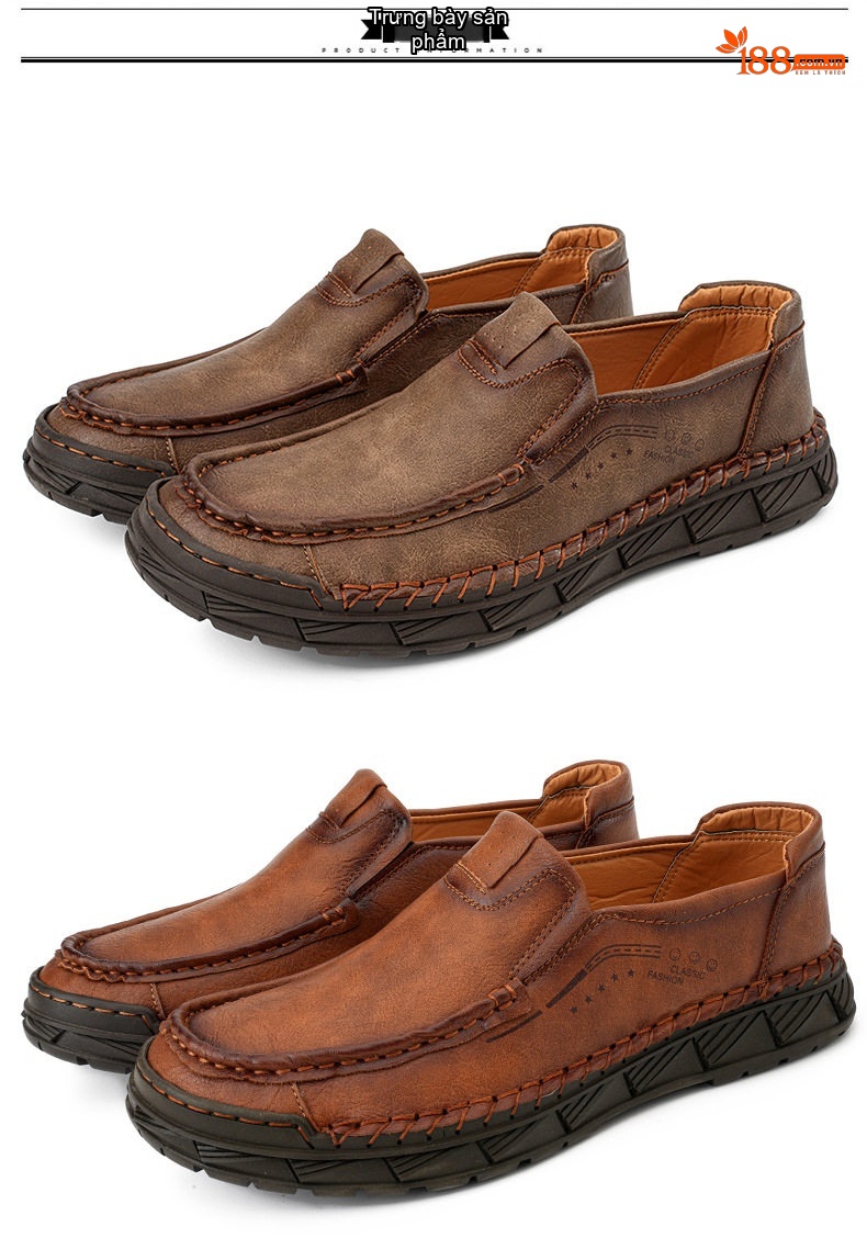 Giày Lười Nam Da Bò Retro Thủ Công Chiều Cao Đế Khoảng 3cm Màu Nâu, Đen chi tiết 35