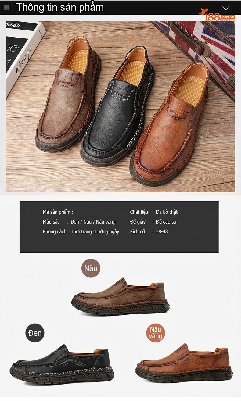 Giày Lười Nam Da Bò Retro Thủ Công Chiều Cao Đế Khoảng 3cm Màu Nâu, Đen chi tiết 4