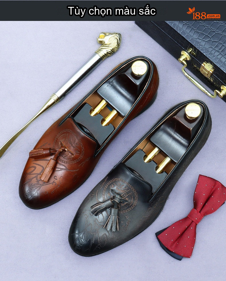 Giày Lười Nam Da Bò Thật Chiều Cao Đế Khoảng 2cm Thiết Kế Retro Màu Nâu, Đen chi tiết 2