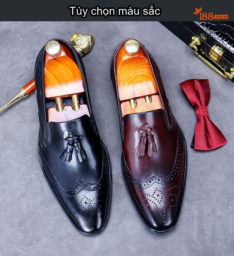Giày Lười Nam Da Bò Trang Trí Tua Rua Chiều Cao Đế Khoảng 3cm Màu Đen, Nâu chi tiết 2