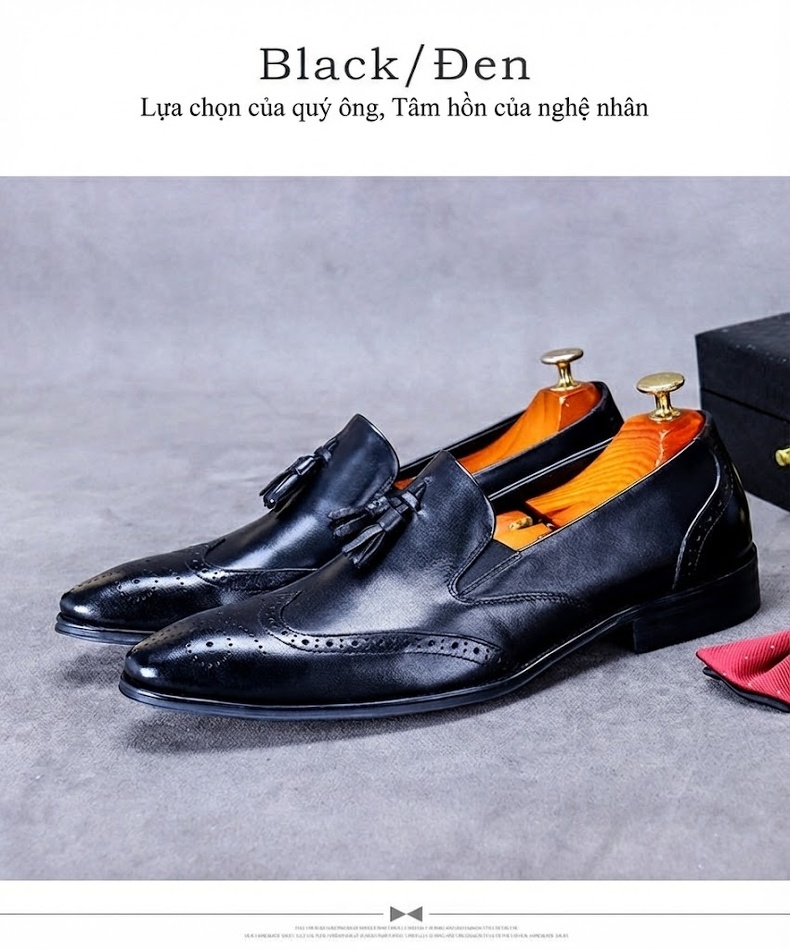 Giày Lười Nam Da Bò Trang Trí Tua Rua Chiều Cao Đế Khoảng 3cm Màu Đen, Nâu chi tiết 4