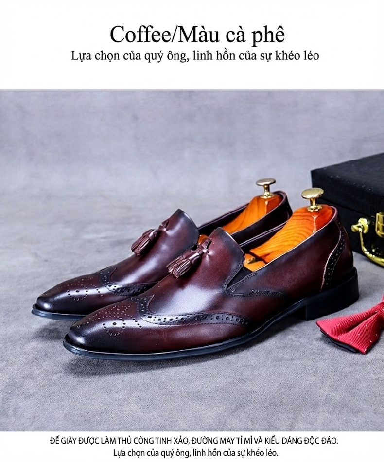 Giày Lười Nam Da Bò Trang Trí Tua Rua Chiều Cao Đế Khoảng 3cm Màu Đen, Nâu chi tiết 11