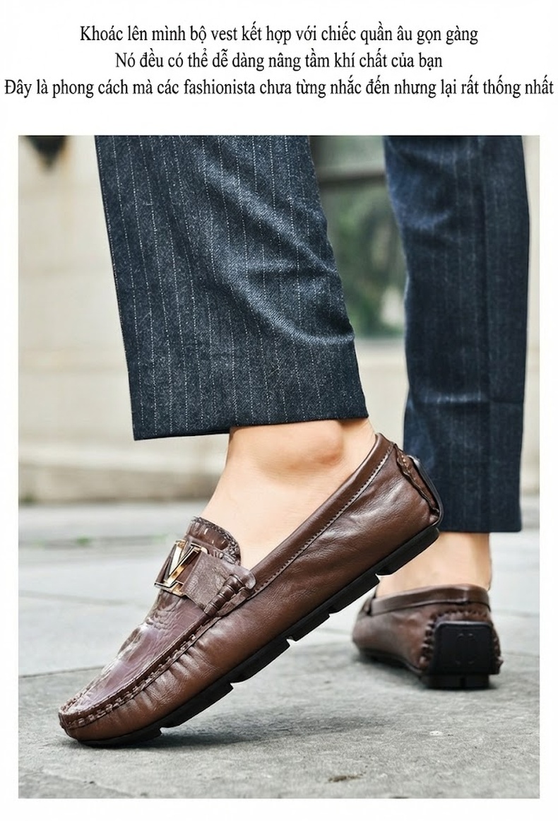 Giày Lười Nam Da Bò Vân Cá Sấu Chiều Cao Đế Khoảng 2cm Màu Đen, Nâu, Xám chi tiết 17