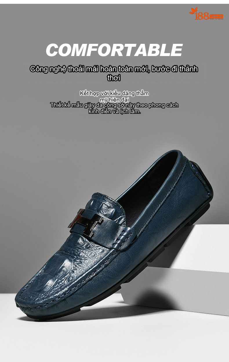 Giày Lười Nam Da Bò Vân Cá Sấu Chiều Cao Đế Khoảng 2cm Màu Nâu, Vàng, Xanh Navy chi tiết 5