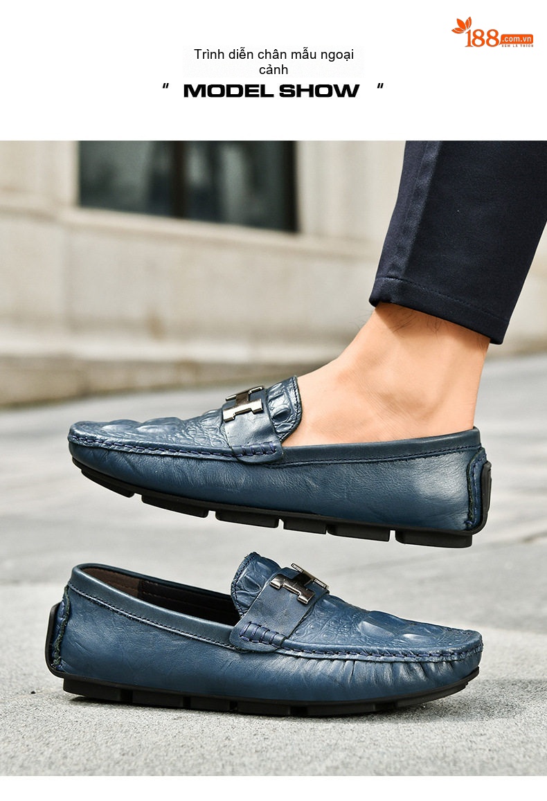 Giày Lười Nam Da Bò Vân Cá Sấu Chiều Cao Đế Khoảng 2cm Màu Nâu, Vàng, Xanh Navy chi tiết 8