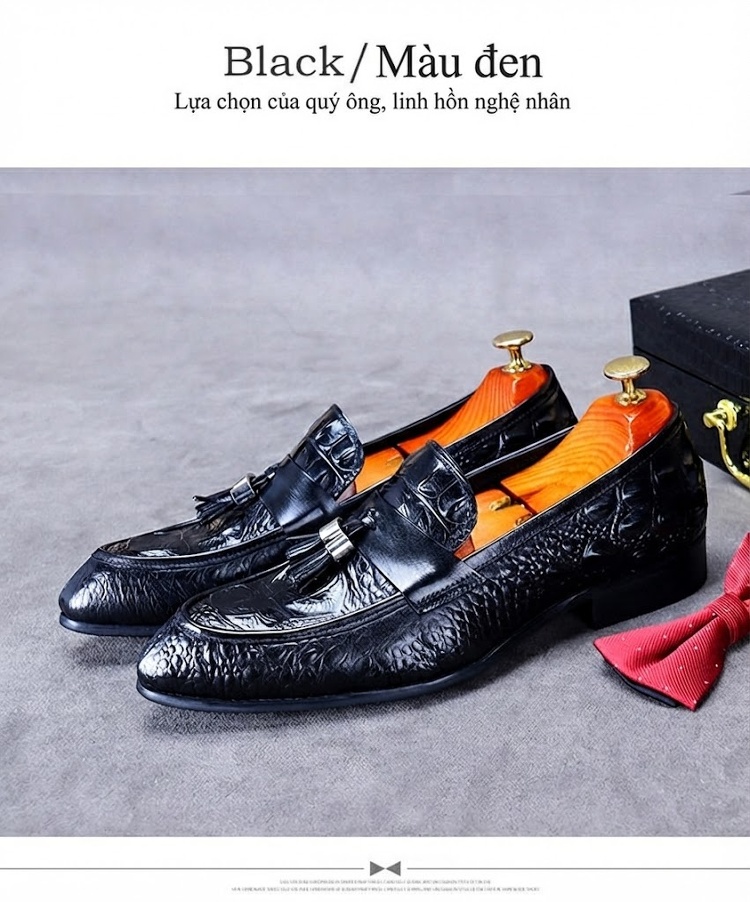 Giày Lười Nam Da Bò Vân Cá Sấu Dập Nổi Chiều Cao Đế Khoảng 2cm Màu Đen, Nâu chi tiết 5