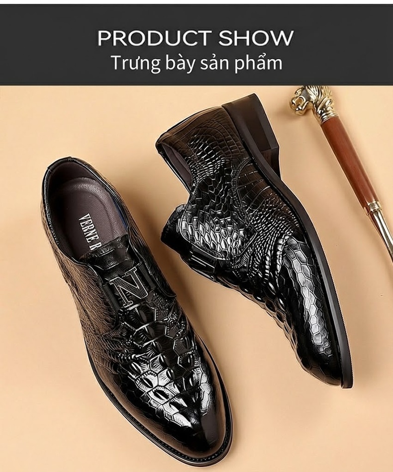 Giày Lười Nam Da Bò Vân Cá Sấu Mềm Mại Chiều Cao Đế Khoảng 3cm Màu Đen, Nâu chi tiết 6